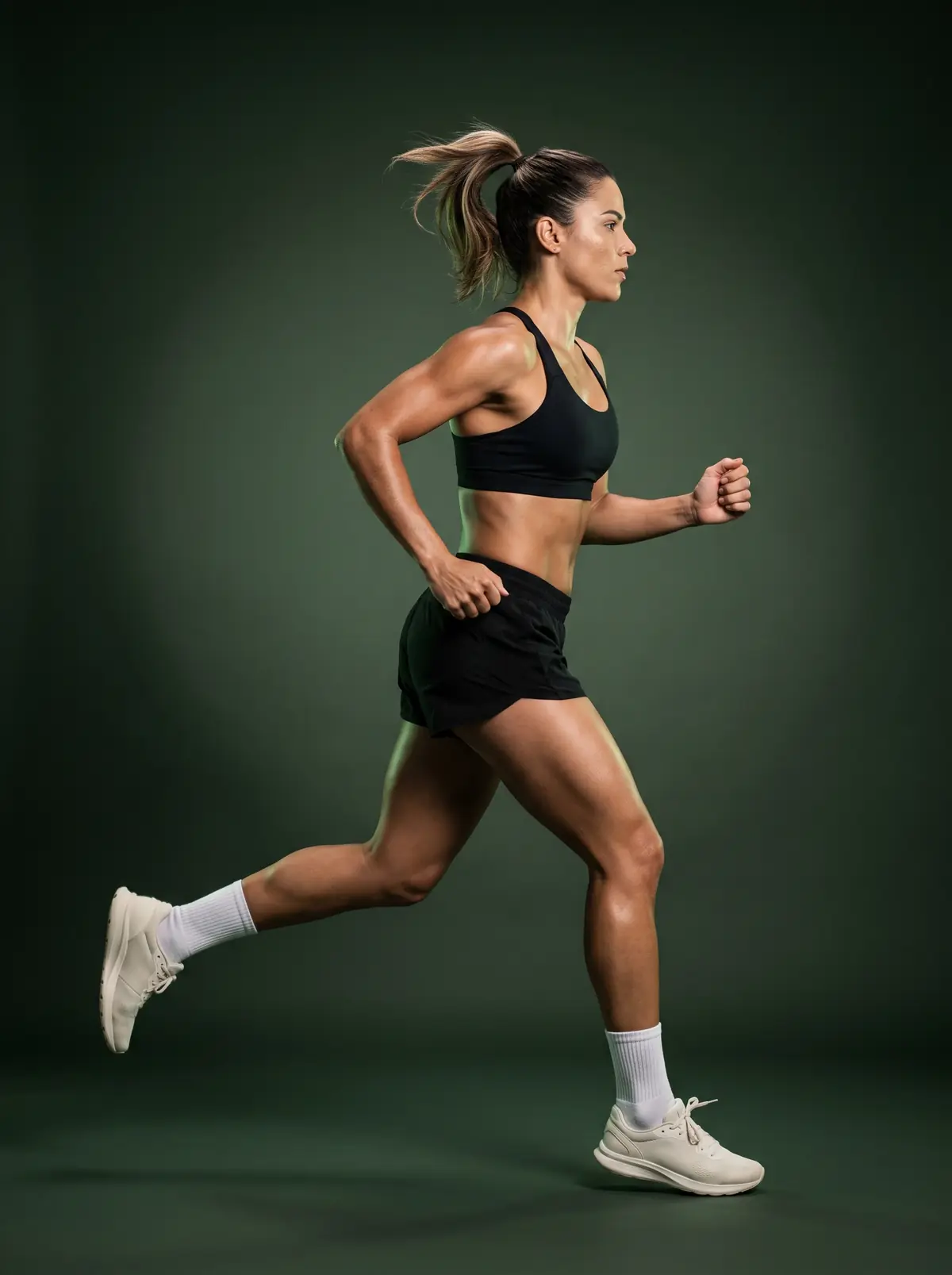 Atleta em corrida, de perfil, em estúdio de fundo verde musgo